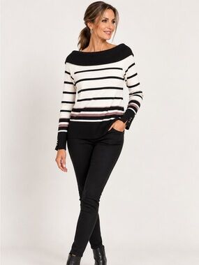 White House Black Market Striped Off Shoulder Sweater Black White Pink Size S